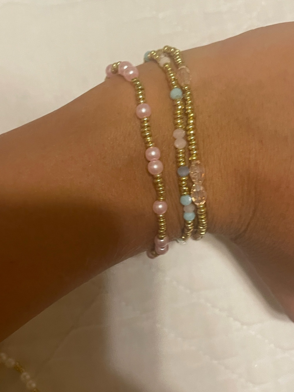 Layered Gold Beaded SET OF 3 gold, pearl, pink bracelets
